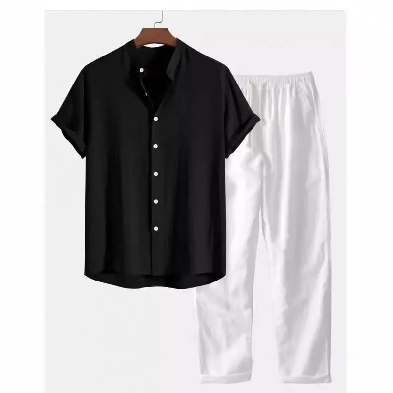 Men's loose fit linen blend short sleeve shirt and trousers casual suit set on a hanger.