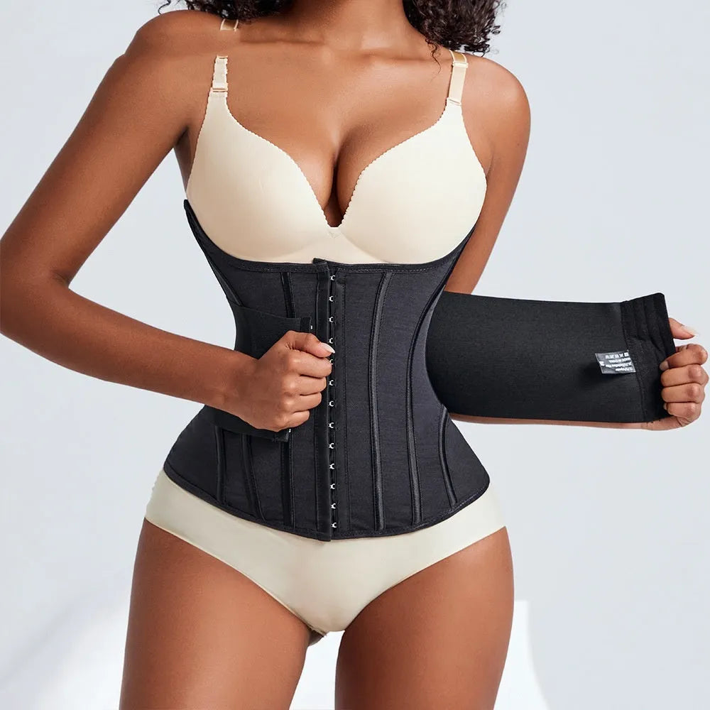 Nylon belly band for waist training in black or apricot colour with belt tie.
