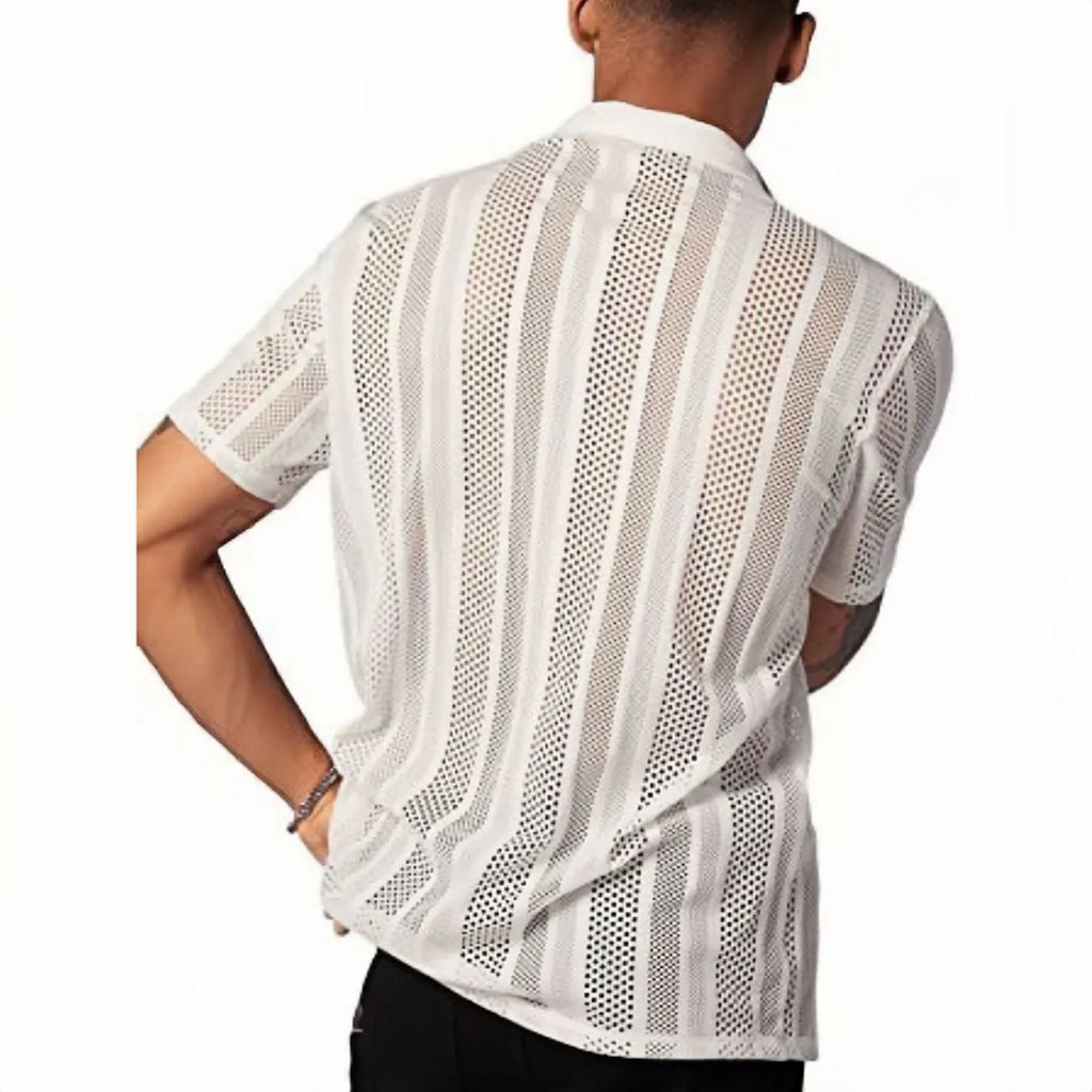Men's white knitted short-sleeve button shirt with cardigan style street fashion design