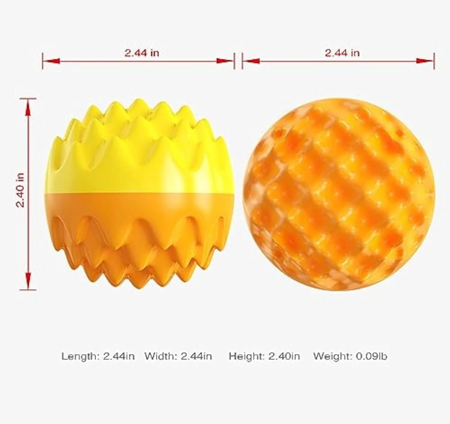 Blue and orange squeaky rubber dog ball with spiky texture for dental cleaning and water fetch