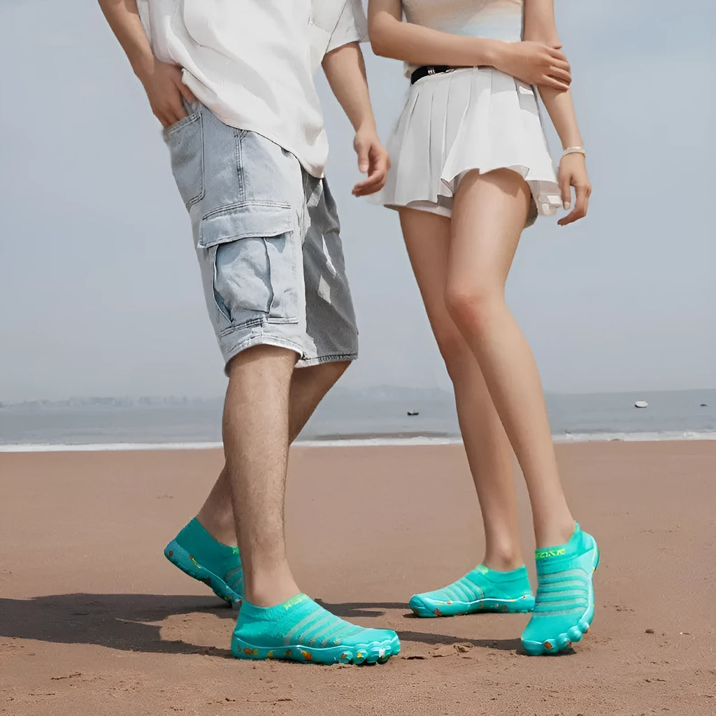 Women's camouflage print Flyknit water shoes with rubber sole and lace-up front.