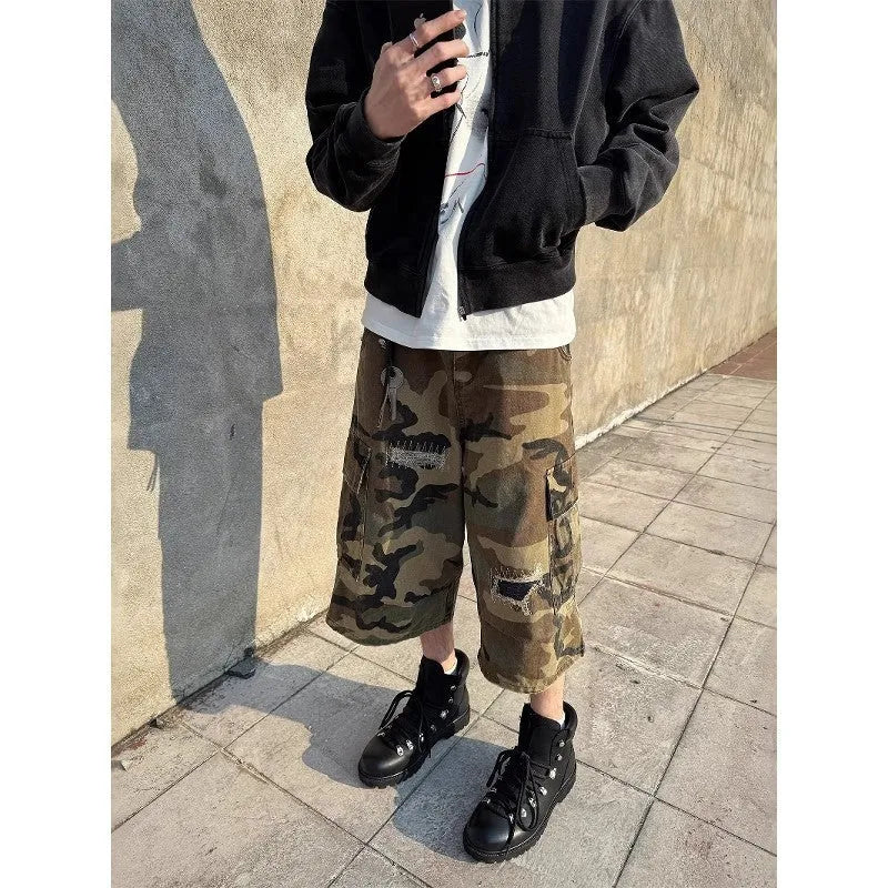 Men's camouflage cropped jeans with retro patch ripped detailing on straight cut loose fit