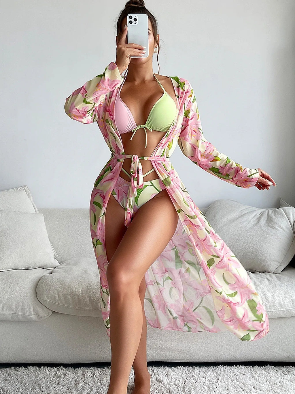 Women's printed two-piece bikini swimsuit set on a model