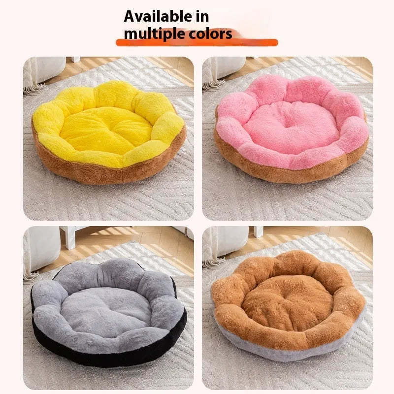 A thick round rabbit plush cat bed with a removable washable cover, shown in a brown grey colour.