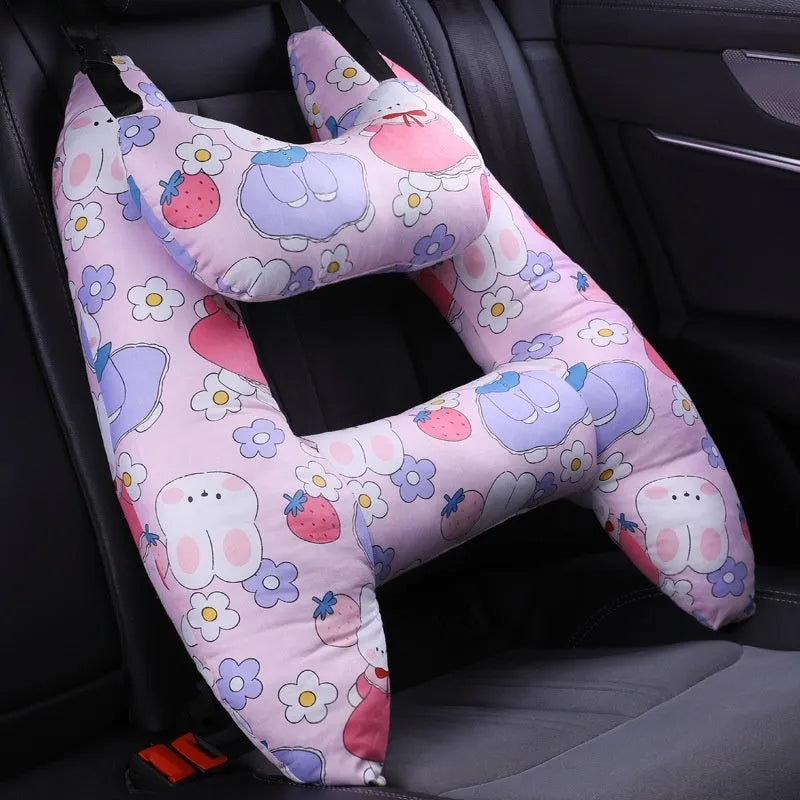 55cm by 70cm car headrest pillow in floral skirt rabbit design with optional neck support pillow.