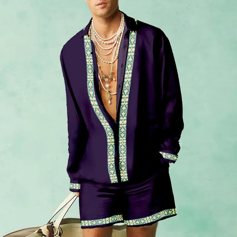 Men's blue polyester summer casual suit set featuring a long-sleeve shirt and matching shorts on a hanger.