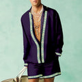 Men's blue polyester summer casual suit set featuring a long-sleeve shirt and matching shorts on a hanger.