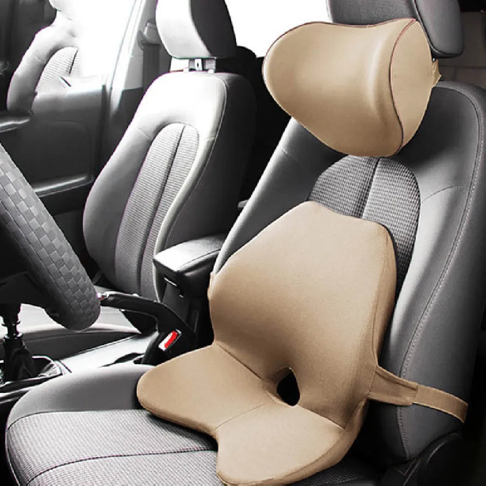 Memory foam car seat cushion set showing waist pad and headrest in neutral colours