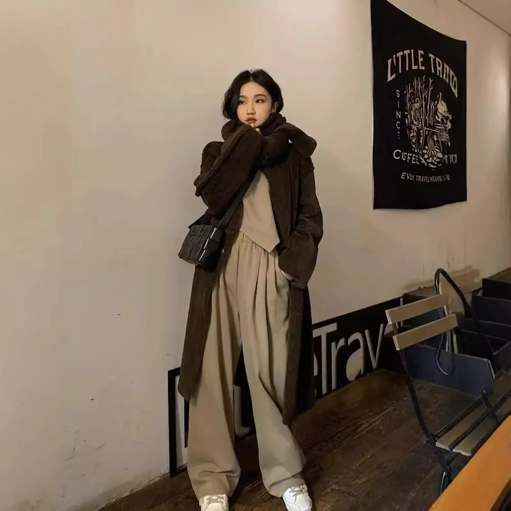 Women's khaki loose casual sports suit set with long sleeve top and trousers in Japanese Korean style.