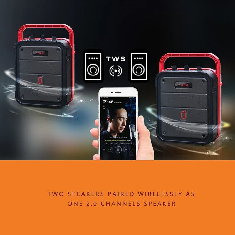 MS62AI portable Bluetooth speaker with wireless microphone and remote control on a table.