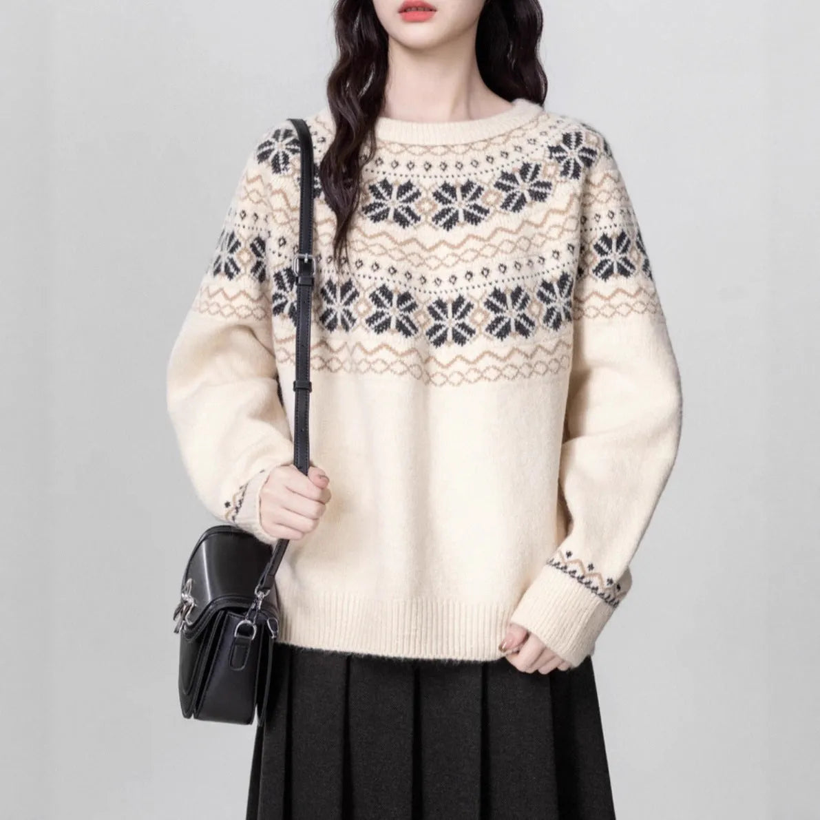 Women's milky white fair isle pullover sweater with geometric patterns and crew neck