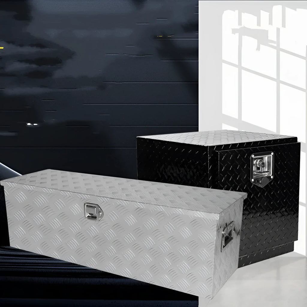 Black 26-inch aluminium alloy rolling tool case with wheels and pull handle.