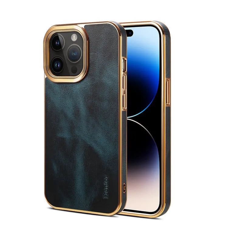 Handmade slim leather protective case for iPhone in black, shown fitted on a phone.