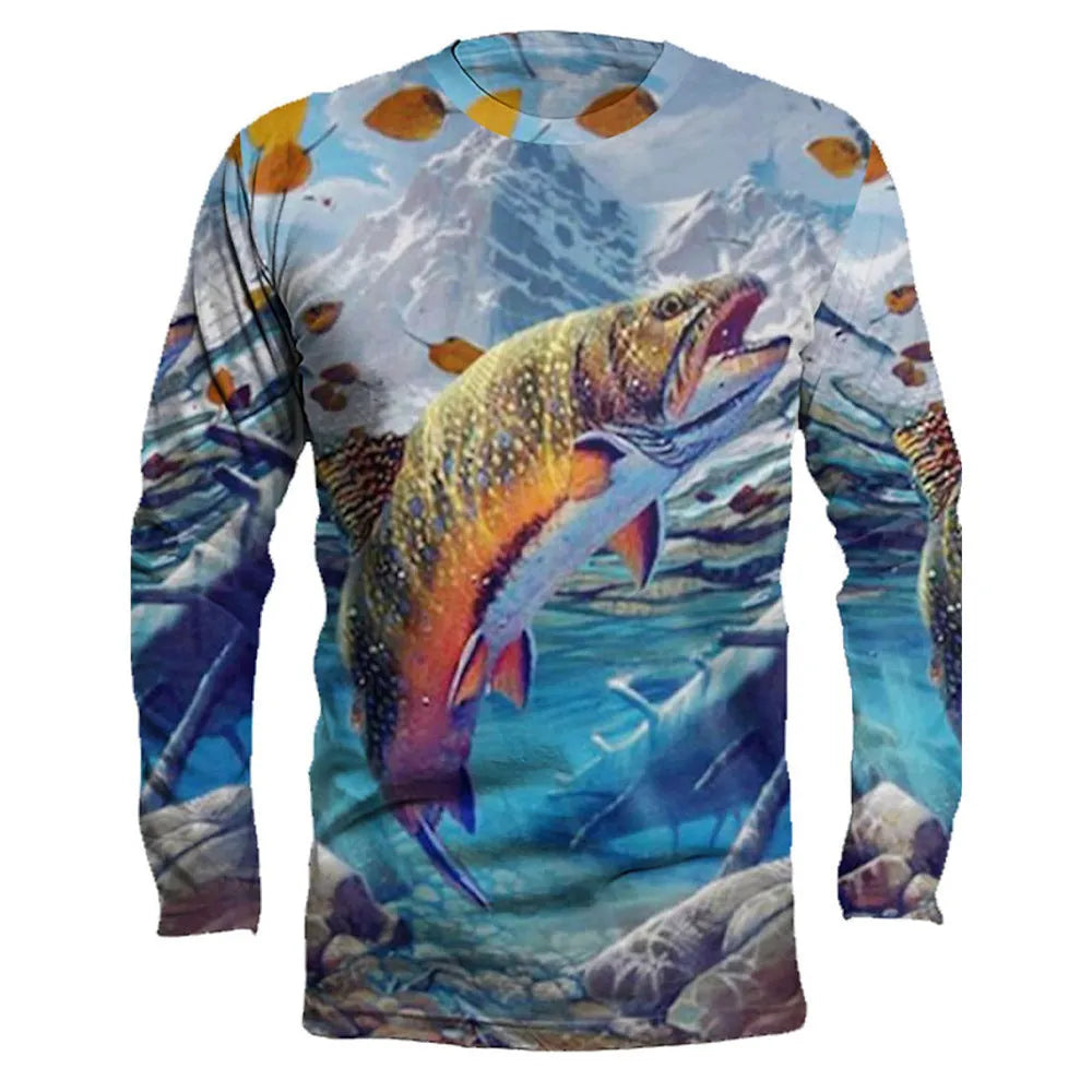 Men's grey pullover with a large printed blue fish design on the front, featuring long sleeves and a round neck.