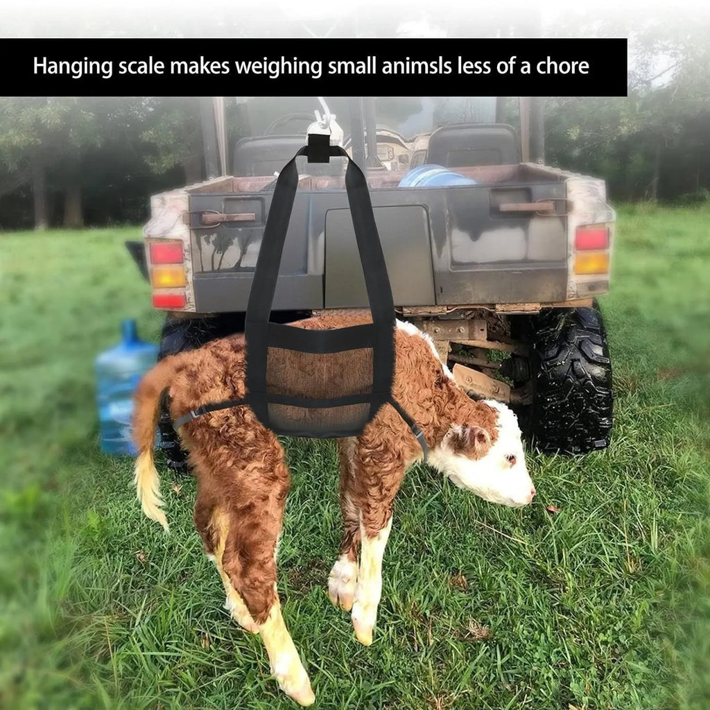 Black polyester livestock weighing sling with four handles, shown measuring 35 cm wide by 150 cm long.