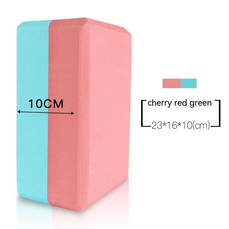 High-density EVA yoga block in pink next to a dark blue block, showing 7.5cm height and printed cartoon design options.