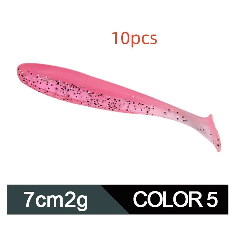 A 7cm long, two-tone T-tail soft worm fishing lure for mandarin fish and topmouth culter.