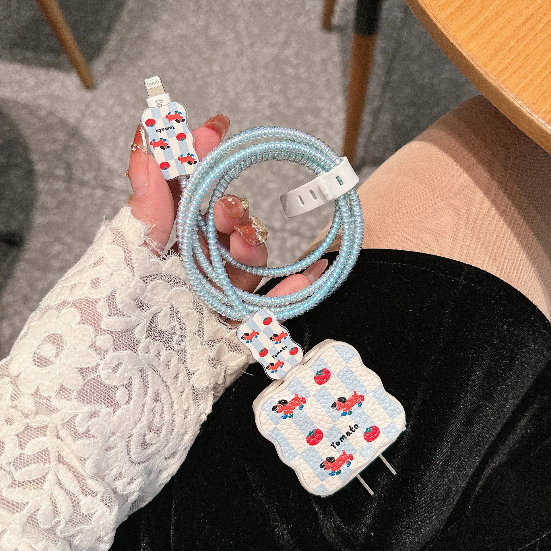 Cartoon puppy design USB cable protection sleeve for fast charging cables in lambskin material