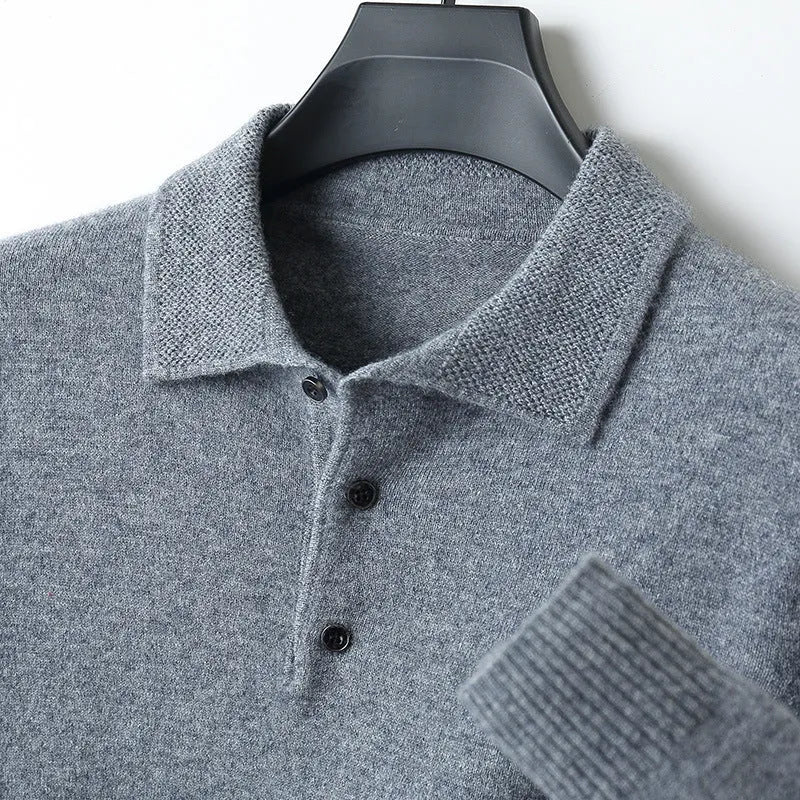 Men's wool pullover sweater with a polo collar in noble blue colour.