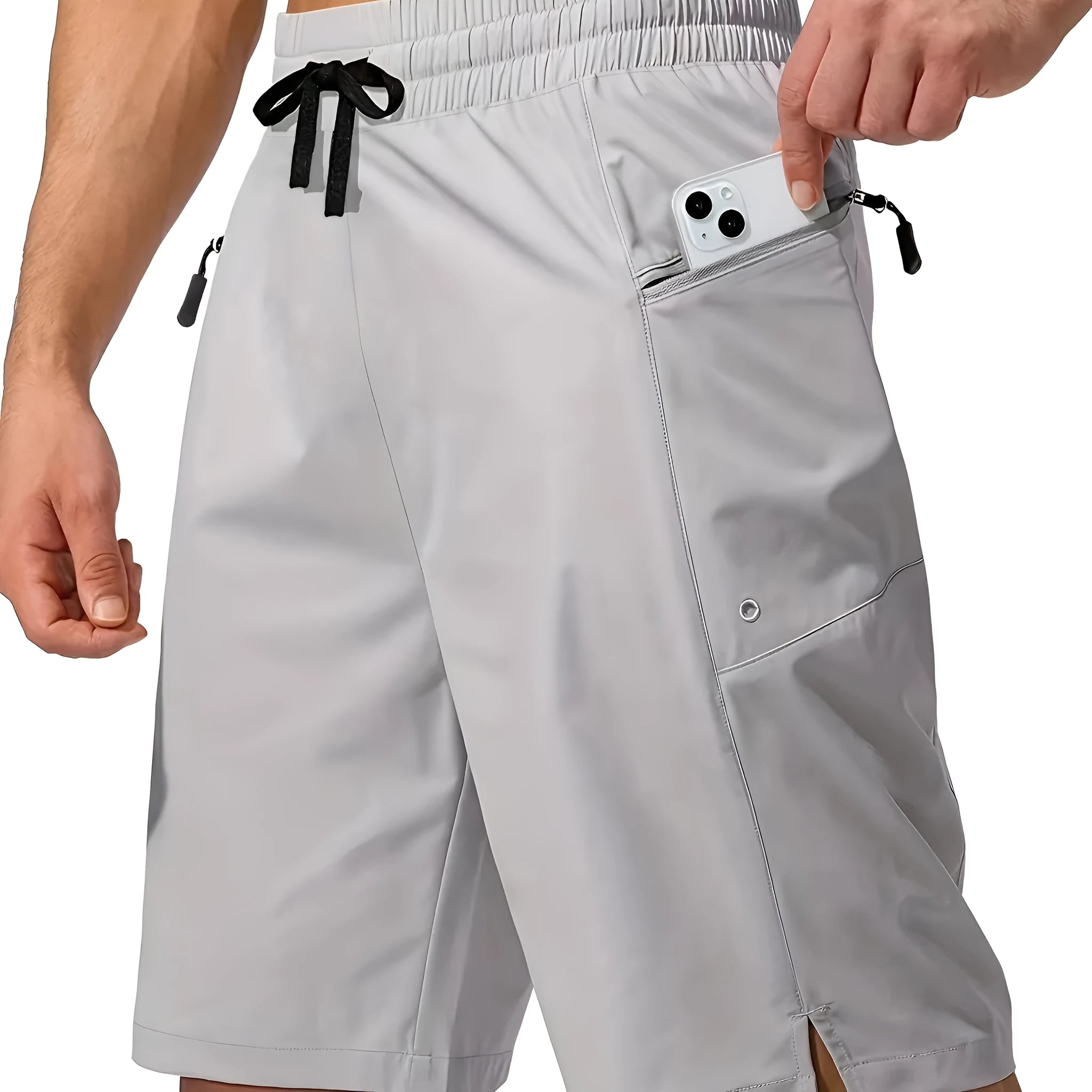 Men's solid colour quick-drying beach shorts in straight leg cut on size chart