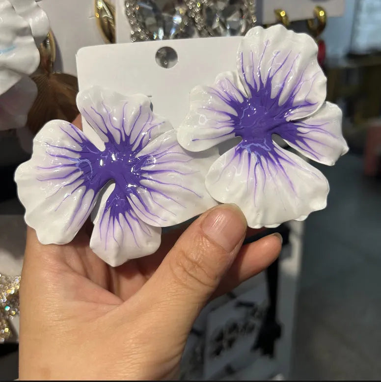 Pastoral style alloy flower stud earrings with electroplated finish and oil-spot glaze texture