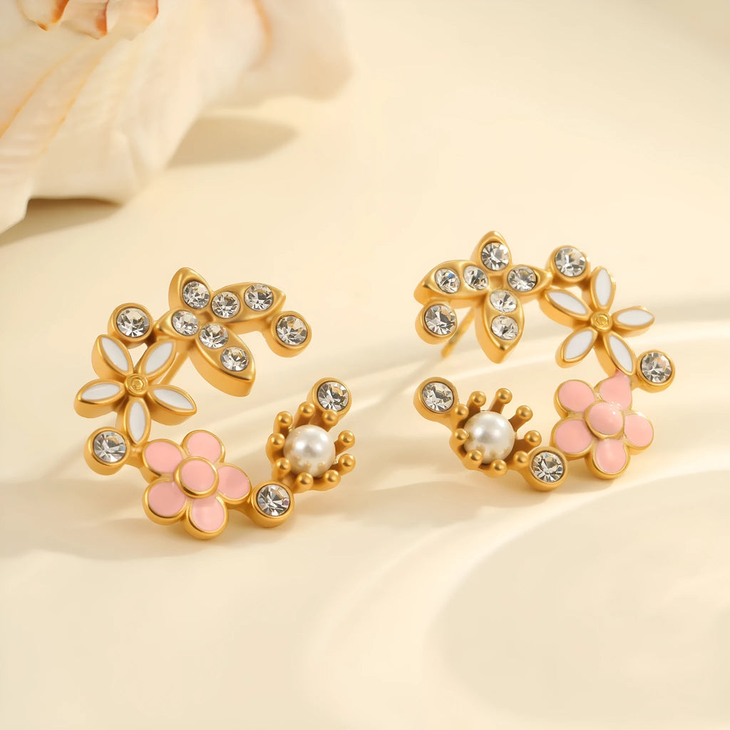 18K stainless steel flower stud earrings with colourful electroplated petals in diamond-shaped arrangement