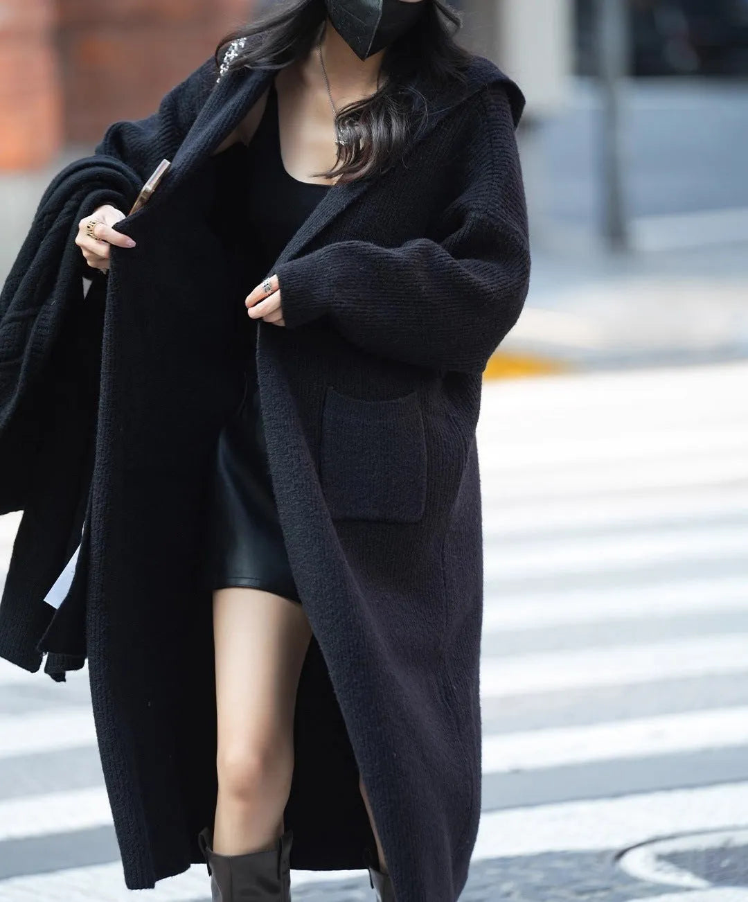Long grey knitted cardigan hooded trench coat with splicing detail on mannequin
