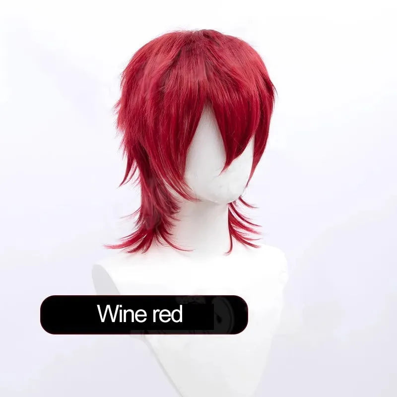 Short red Anime style cosplay wig for men made from high-temperature fibre