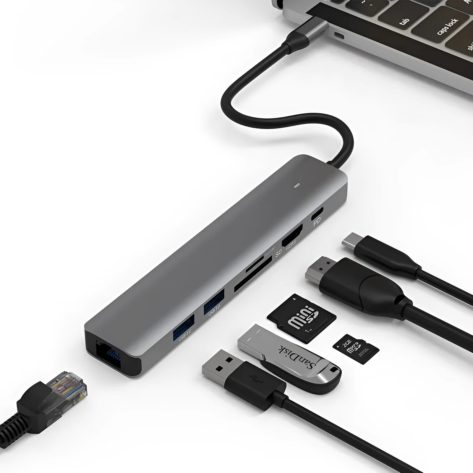 Seven-port card reader PD computer hub with USB-C laptop charging and custom logo option