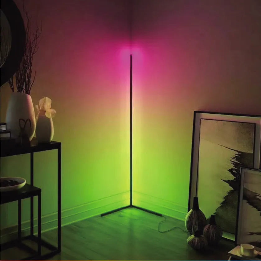 Black smart RGB floor lamp with remote control showing coloured lighting effects