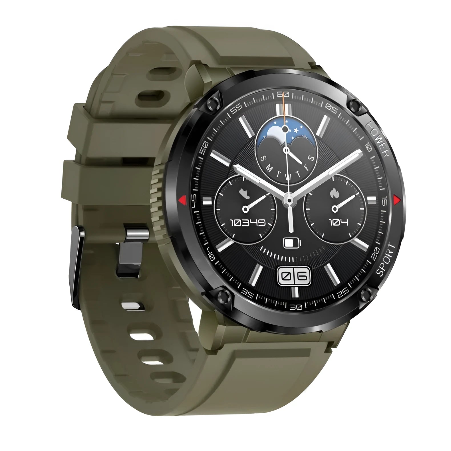 T30 Smart Watch in black on wrist showing display with heart rate and time