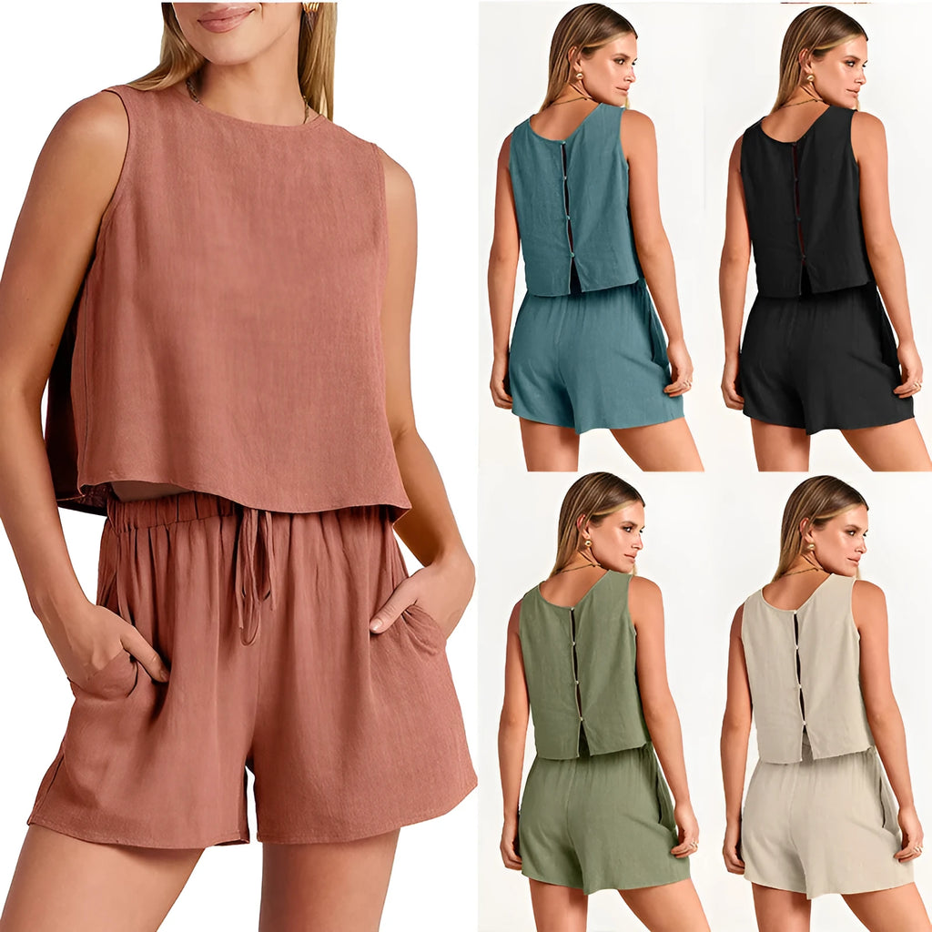 Women's summer two-piece set with sleeveless top and drawstring shorts in apricot colour