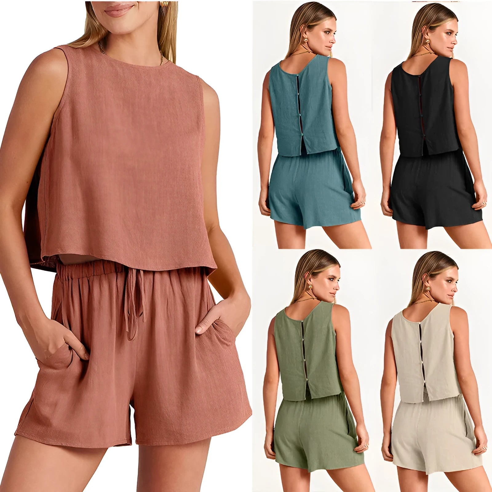Women's summer two-piece set with sleeveless top and drawstring shorts in apricot colour