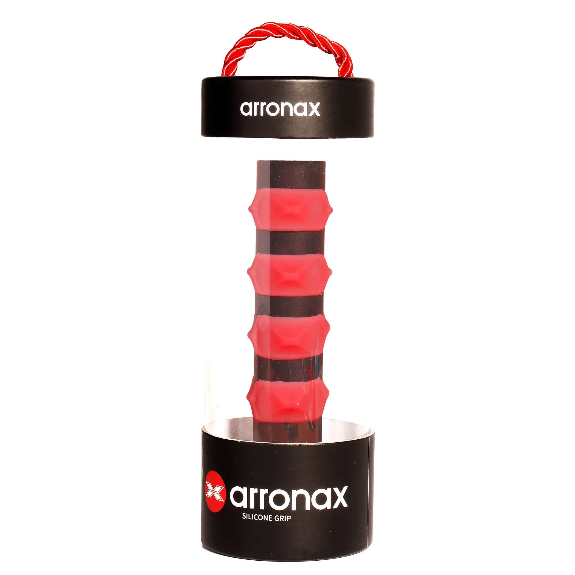 Peak silicone racket hand grip buckle in seven colours on a badminton racket handle.