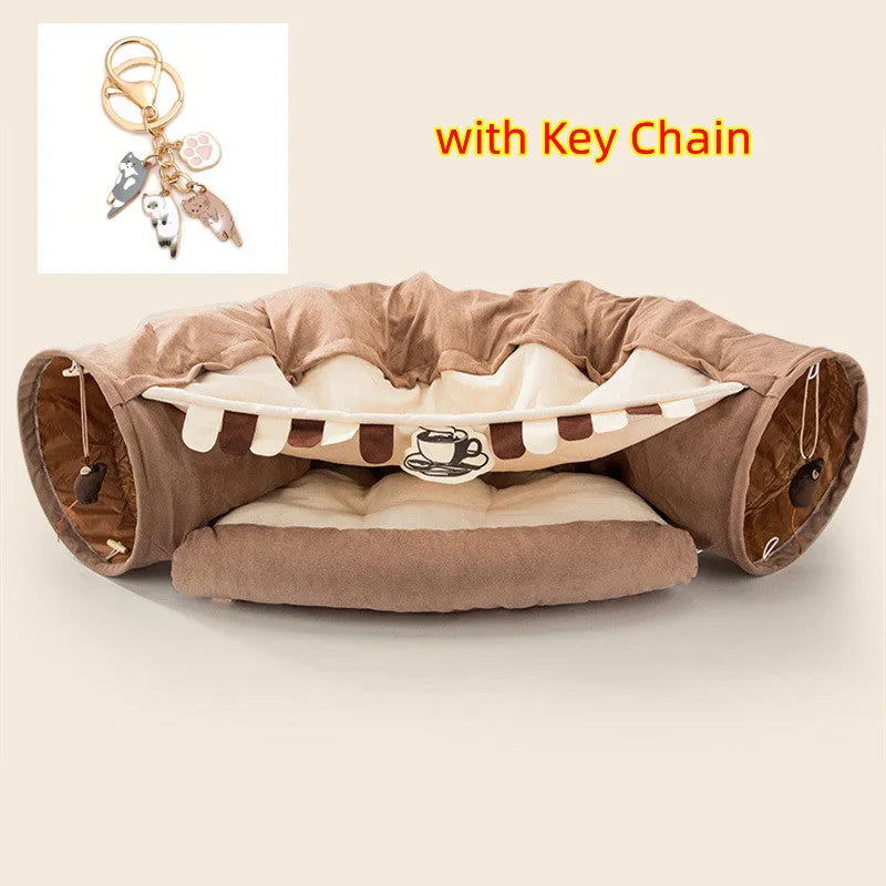 Collapsible cloth cat tunnel in a choice of colours, shown with dimensions 45cm by 50cm by 22cm.