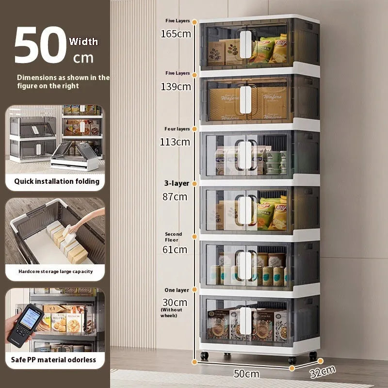 Foldable household storage locker with wheels in white colour with multiple storage layers