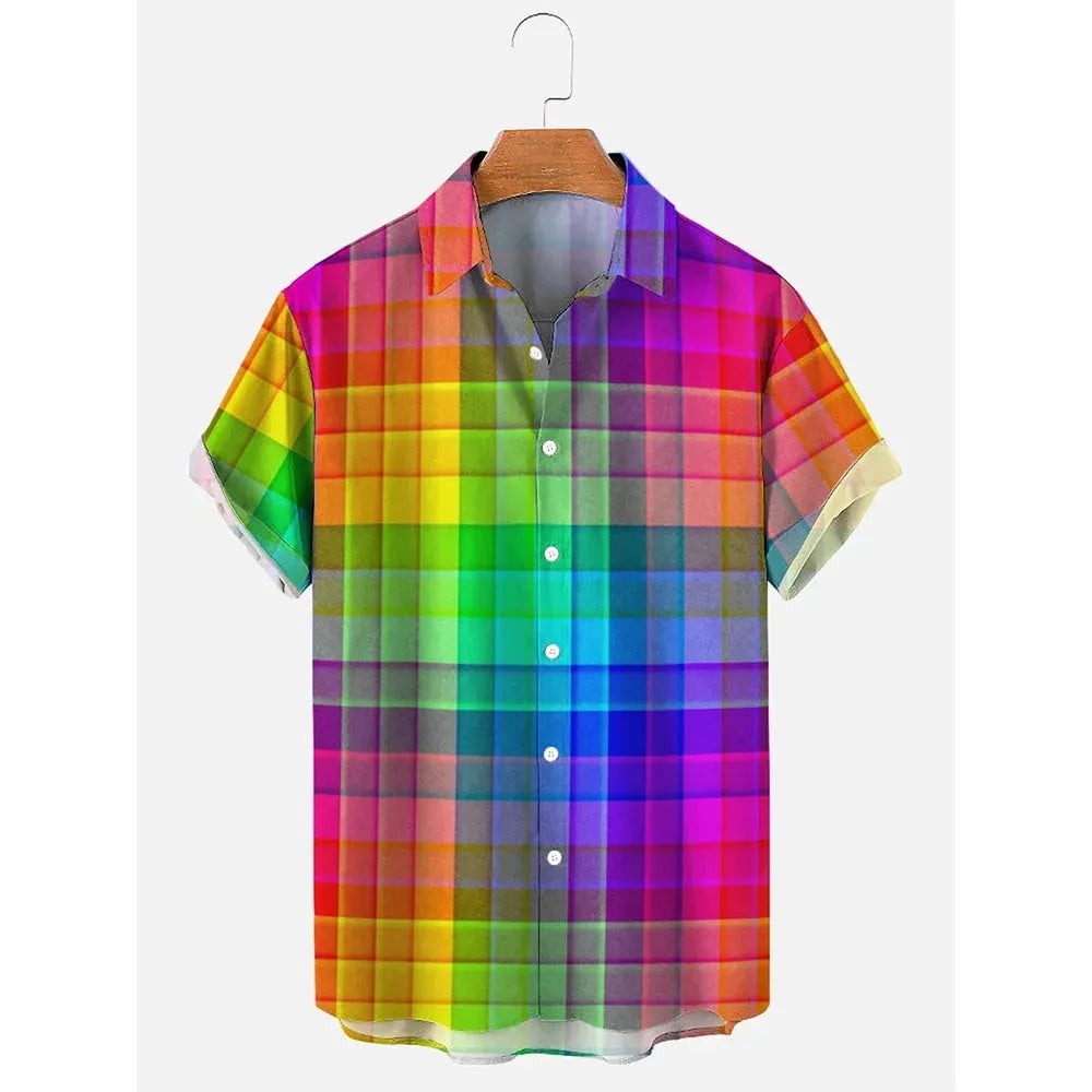 Men's striped Hawaiian shirt in polyester fabric with button-up short sleeves