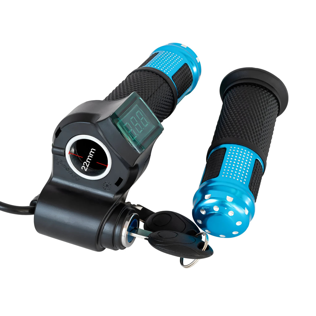 Electric vehicle handlebar replacement part in blue, red, silver, and yellow with 5-core cable.