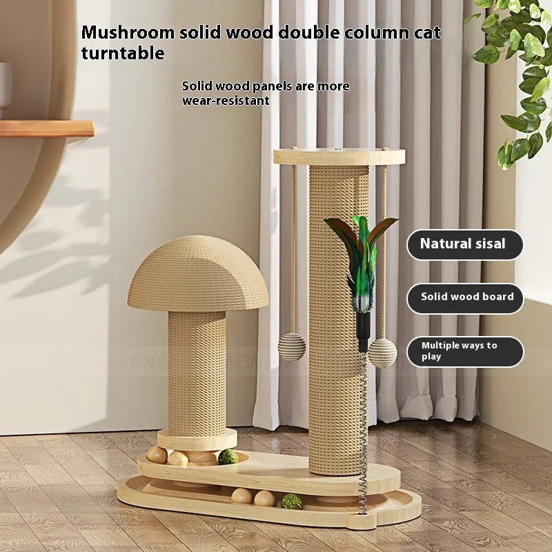 Solid wood cat scratching post with a central turntable, shown in a basic large flower style.