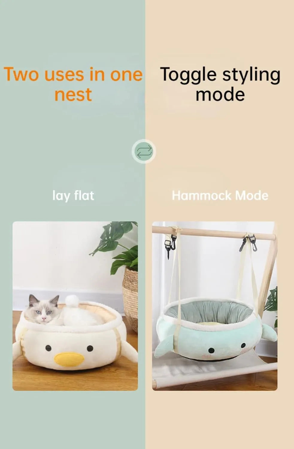 Green dinosaur and chick-shaped cat bed shown both flat as a sofa and hanging as a hammock for small pets.