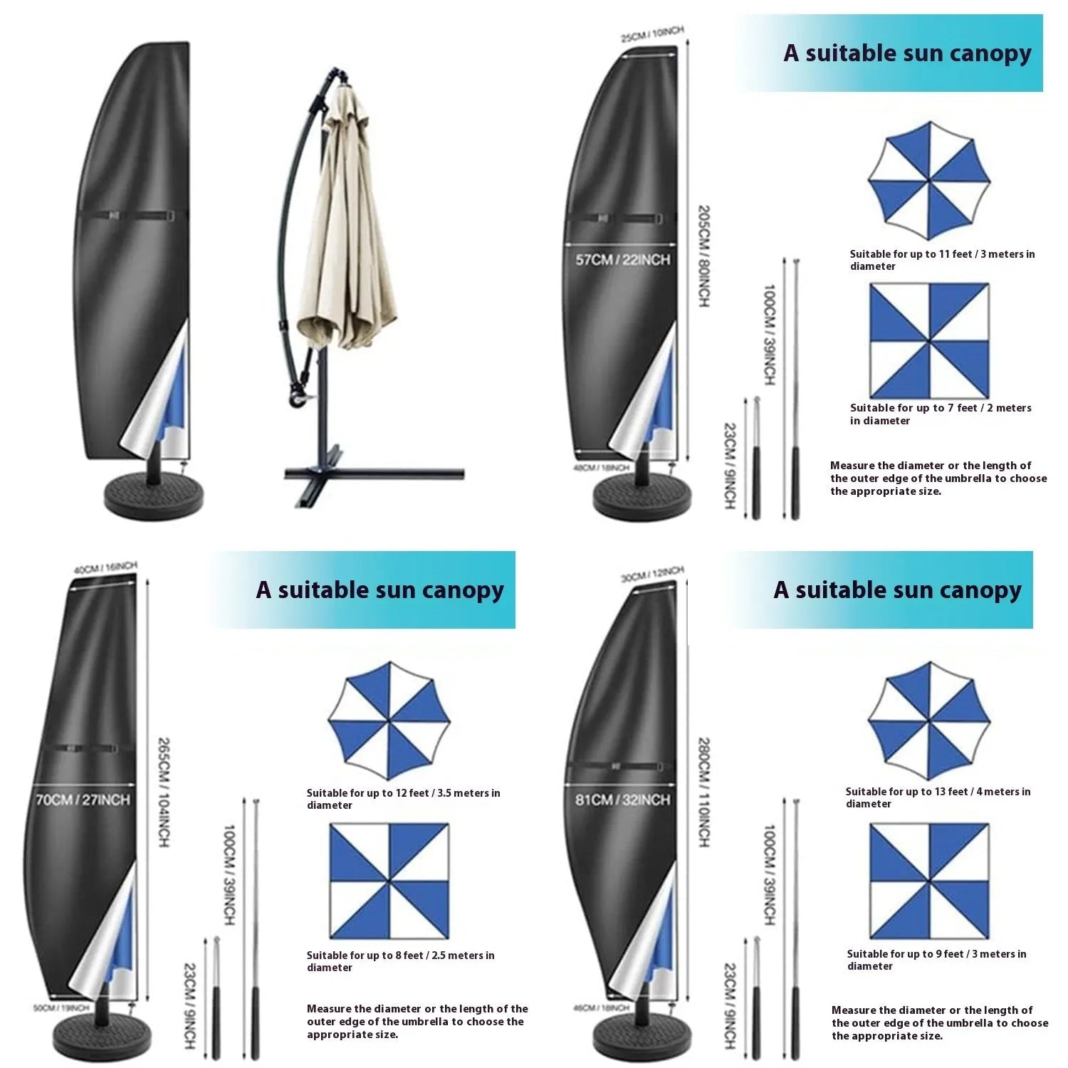 Black or grey Oxford cloth waterproof cover fitted on an outdoor offset banana umbrella