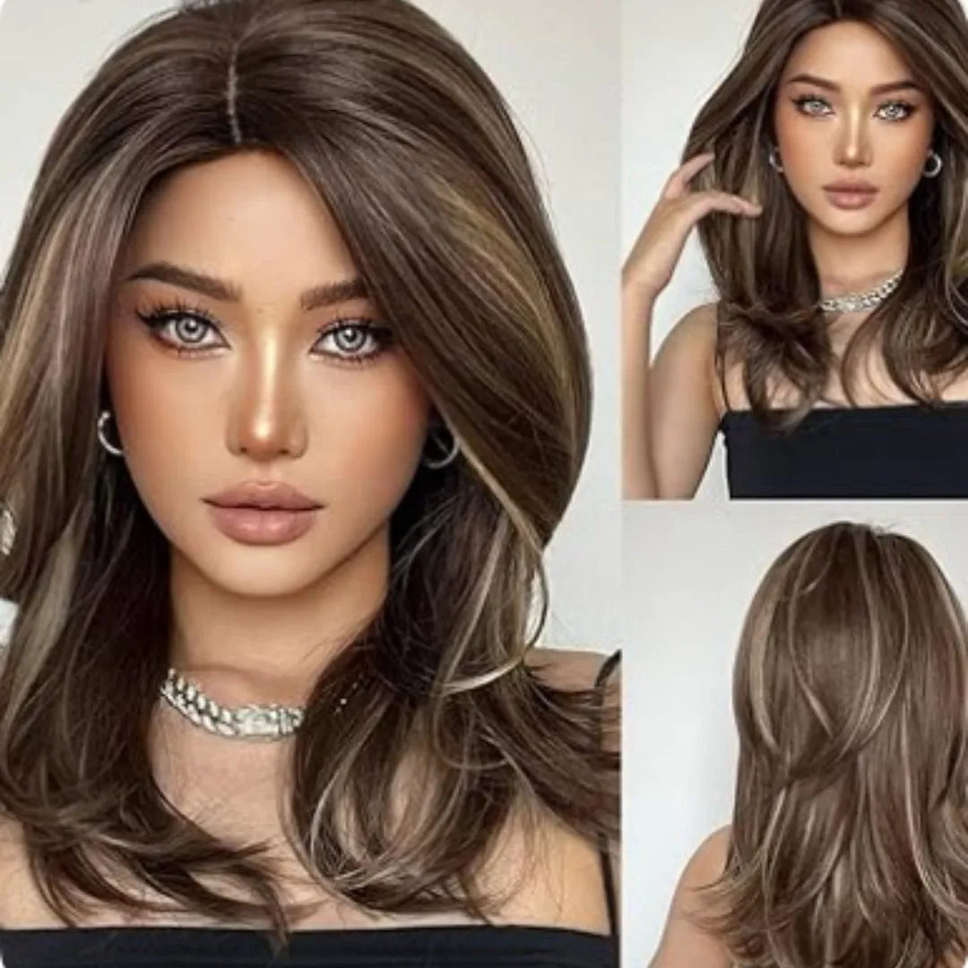 Mid-length curly full-head synthetic wig with long bangs in a platinum gradient colour.