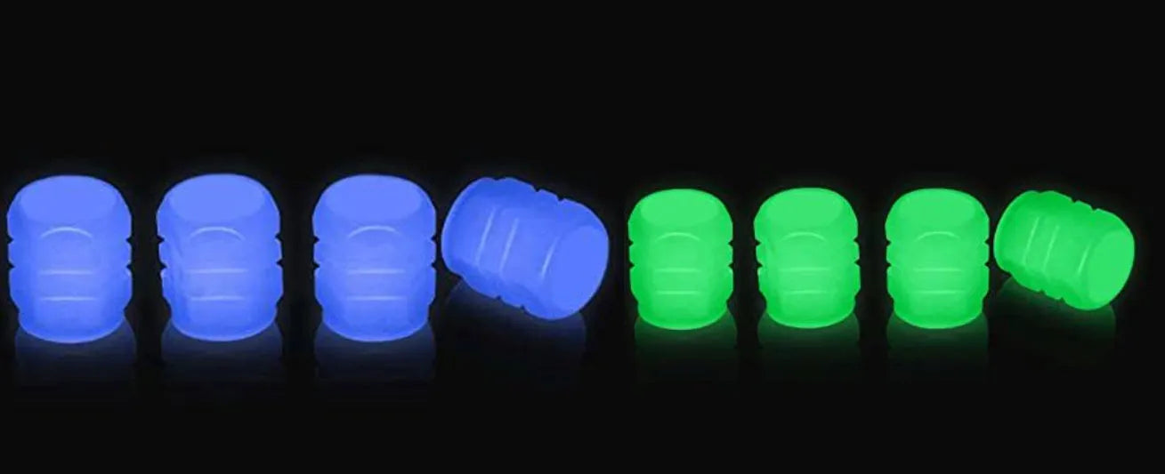 Rubber luminous tyre valve caps in multiple colours showing pack size options for bicycle and motorbike wheels