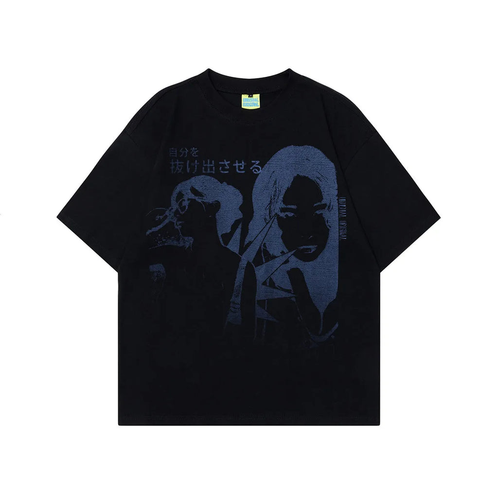 Men's grey retro graphic t-shirt with character design in loose fit cotton construction