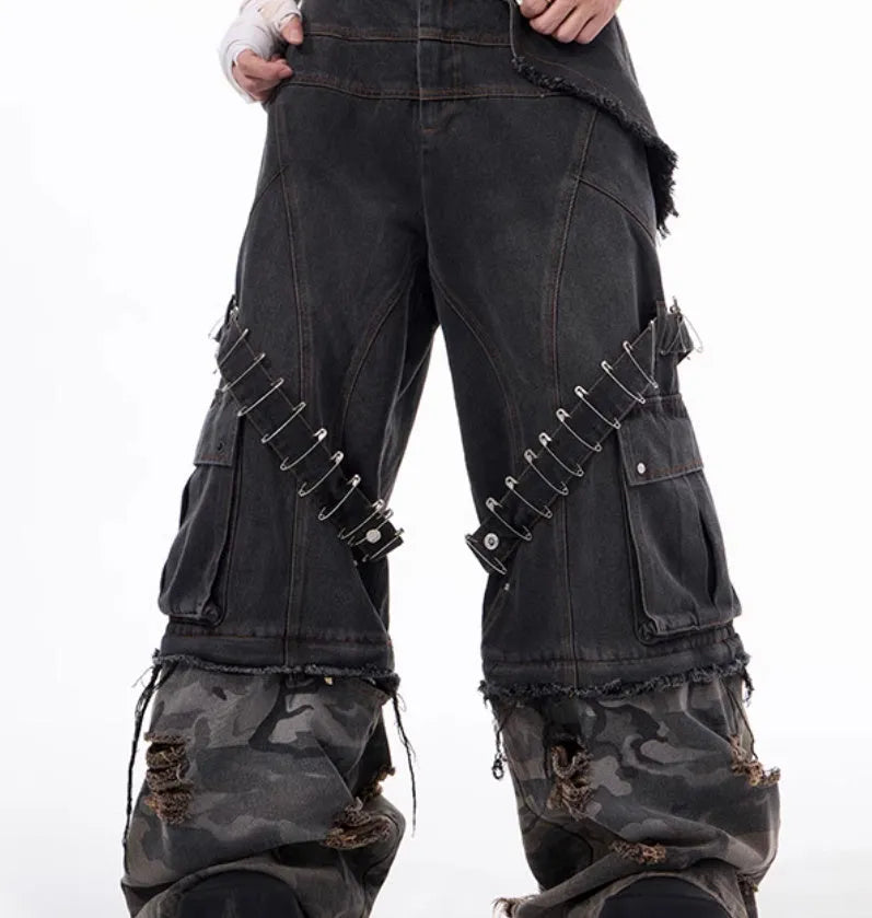 Men's grey cotton denim jeans with camouflage splicing pattern and ribbon detailing