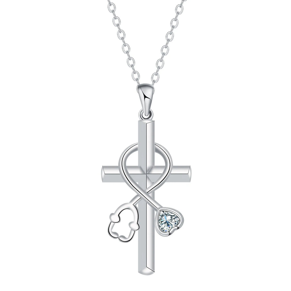 Women's copper cross stethoscope pendant necklace with electroplated finish on a cross chain.