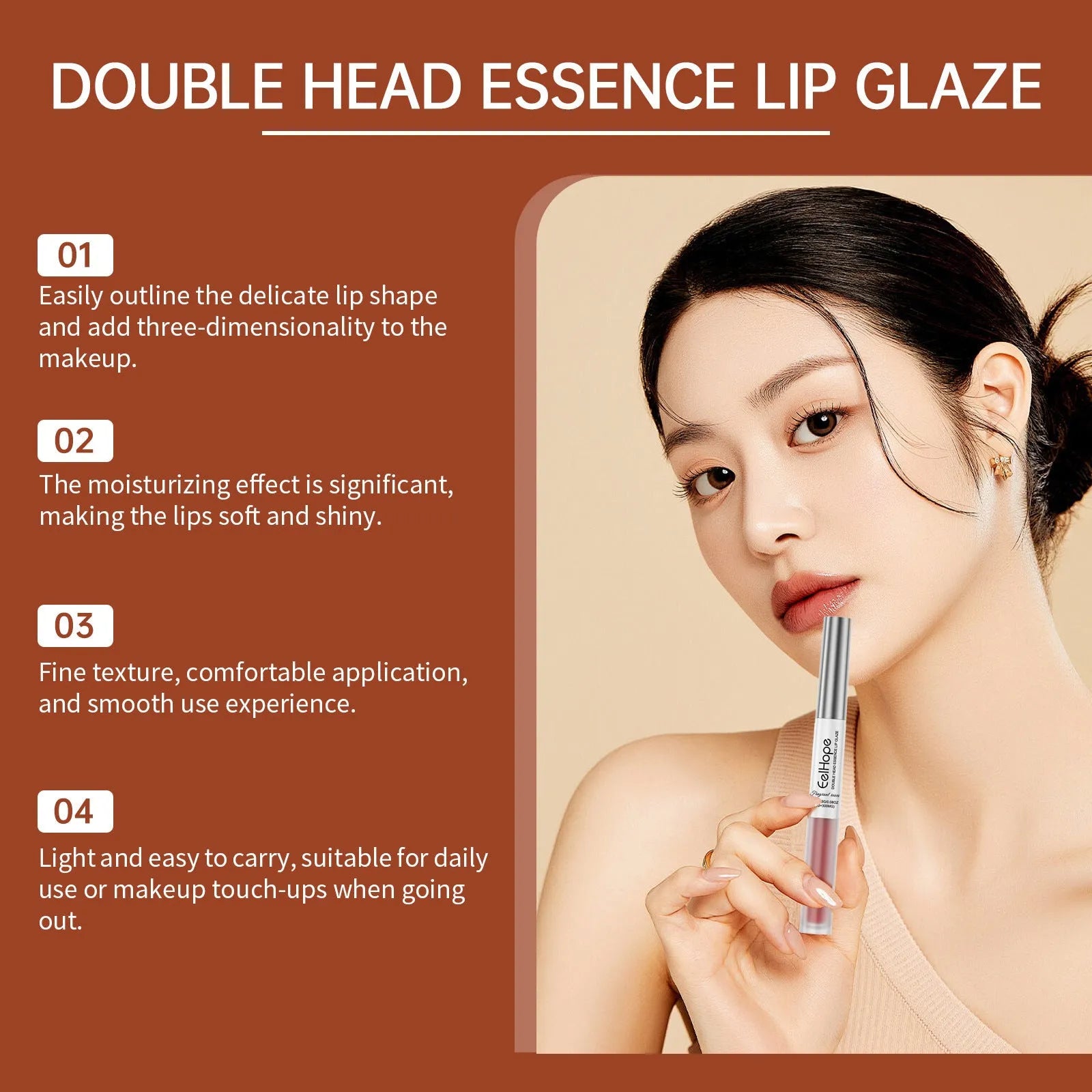 Double-headed lip liner and lip lacquer pen in three matte shades: black coffee truffle, fragrance attack, and oat almond.