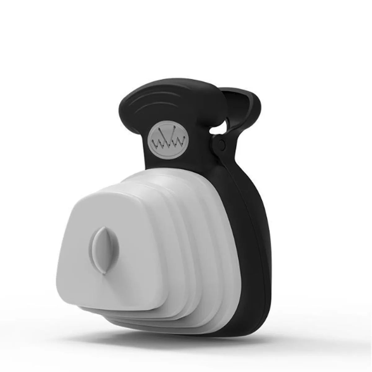 Blue portable dog pooper scooper with clip, bag dispenser, and unfolded waste container.
