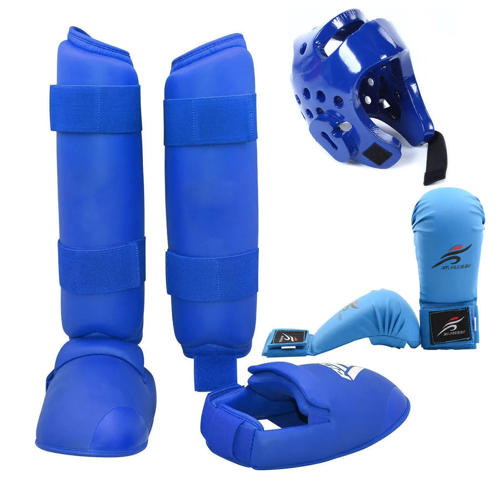 Red and blue martial arts protective gear set including helmet, gloves and leg guards in PU material