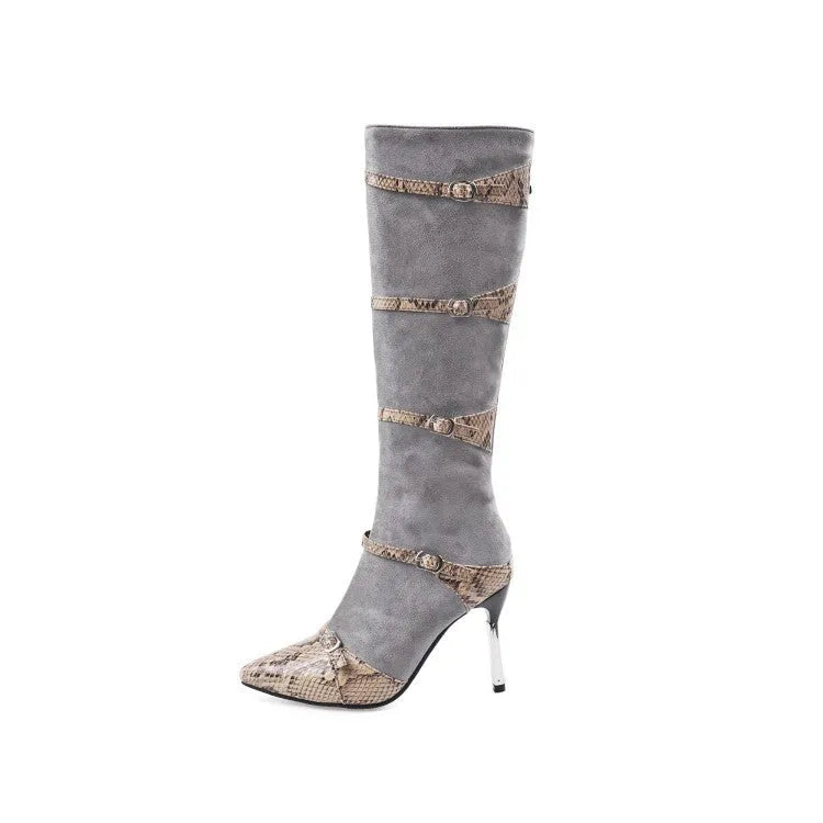 Grey and black women's knee-high boots with a thin 9cm high heel on a rubber sole.